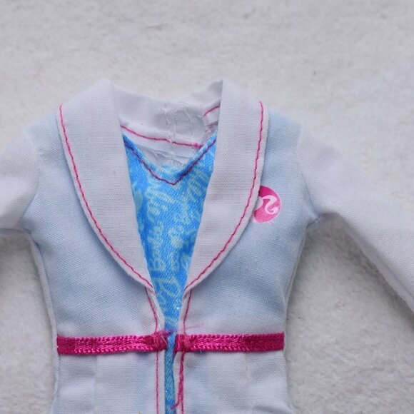 Vintage Barbie Doll White Lab Coat Pink Trim Stitching and Blue Insert Top Attd - Picture 2 of 6